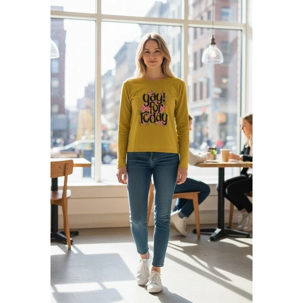 Justice Girls Yay for Today Yellow Long Sleeve Graphic Tee Shirt Size S 7/8 EUC